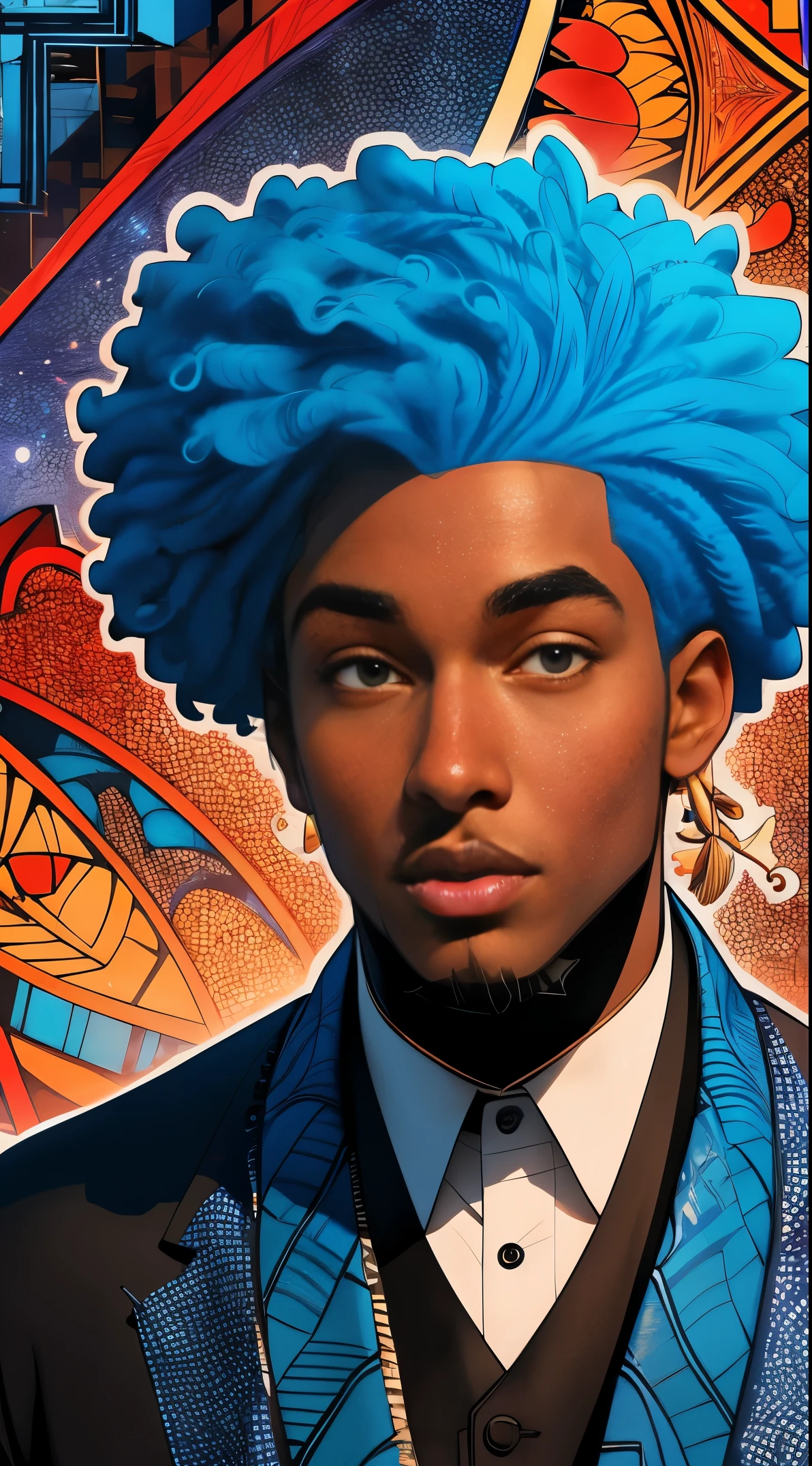 (best quality:1.1),original, 1man,  A handsome man with dark skin, African American man with natural hair, dressed in blue urban clothes, cartoon，illustrations, style is abstract beauty, Sundaratang, mixed patterns, close-ups, charming character illustrations, folklore  --ar 2:3 --v 6.0 