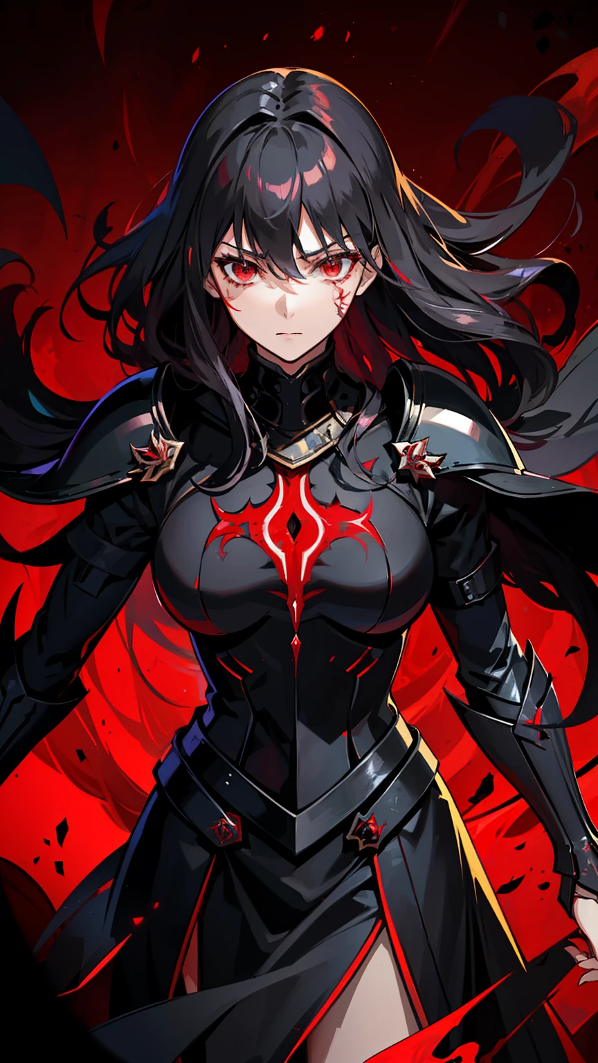 (high-quality, breathtaking),(expressive eyes, perfect face) 1female, girl , solo, young adult, long hair length, wavy curly hair, soft wave, black hair color, red highlights in hair, deep red eye color, background, music, serious confident expression, mature, dominant, haunting red background, armor, onyx black armor with red trim, midnight dark armor with red cracks engraved in the exterior, saber alter, alter saber fate stay night, corrupted theme, corrupted armor, red lines on armor, conquerer vibe, red markings on armor, slightly narrow eyes, evil queen, narrow beautiful eyes
