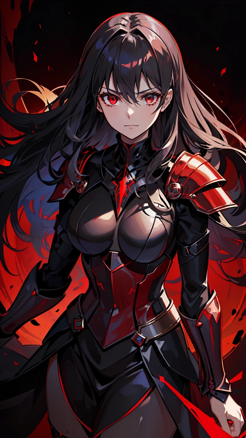 (high-quality, breathtaking),(expressive eyes, perfect face) 1female, girl , solo, young adult, long hair length, wavy curly hair, soft wave, black hair color, red highlights in hair, deep red eye color, background, music, confident expression, a soft smirk, mature, dominant, haunting red background, armor, onyx black armor with red trim, midnight dark armor with red cracks engraved in the exterior, saber alter, alter saber fate stay night, corrupted theme, corrupted armor, red lines on armor, conquerer vibe, red markings on armor, slightly narrow eyes, evil queen, narrow beautiful eyes, queen chess piece
