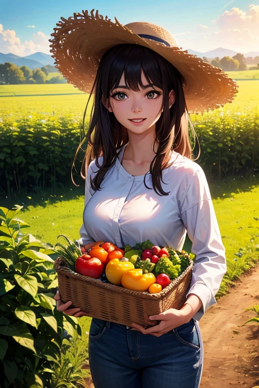 (best quality,8k,highres,masterpiece:1.2),stunningly beautiful woman in her 20s,working on a farm,with long sleeves,long pants,(straw hat),vivid colors,ultra-detailed,farm scenery,agricultural tools,plentiful harvest,peaceful atmosphere,warm sunlight,sharp focus,realistic lighting,photorealistic,landscape,portrait,lovely,organic crops,farmland,greenery,fresh air,happy expression,farmer's market,abundant fruits and vegetables,lush fields,endless rows of crops,bountiful harvest,working in harmony with nature,sense of fulfillment and joy.