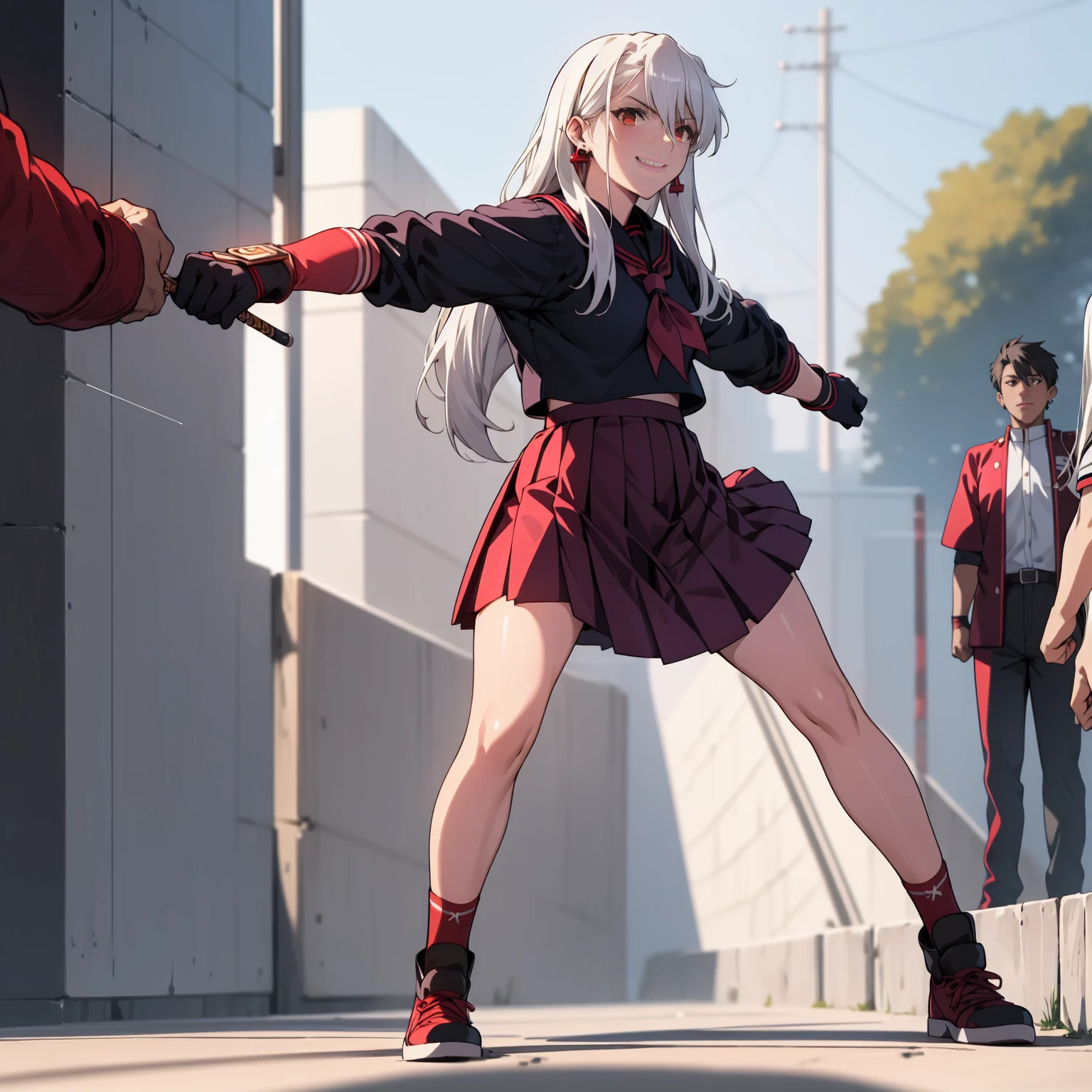 sukeban illyasviel_von_einzbern, mature_female, silver hair, holding yoyo, combat pose, full body, flowing hair, hair between the eyes, asymmetrical hair, red eyes, delicate facial features, sukeban deka clothe, looking_at_viewer, outdoors, background tokyo, ((solo, solo focus, solo girl,1girl))+++++,woman in a 80's sukeban seifuku standing on a set of strees, black school uniform, 80's japanese sukeban photo, sukeban seifuku,  80's japan, sukeban, long black skirt, red converse, full body, light skin tone female, full body, tape, arm_support, gloves, red_gloves, bridal gauntlets, blackred_footwear, fighter outfit, full body, hourglass, mature face, cheeky smile, cheeky face, wrinkles,( silver long hair, earrings, ear piercings), realistic, (fighting art, Martial arts, standing, fighting_stance, fight, fighting), extra colors, 2D, megapixel, perfectionism, accent lighting, full HD , 4K, masterpiece, empty red eyes