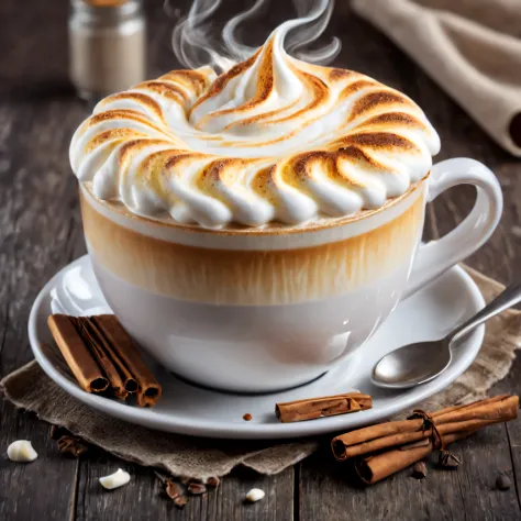 Photo of vanilla cappuccino with creamy foam, fragrant steam emanates from the cup, creating a cozy atmosphere for a pleasant morning, very detailed, extremely detailed, tasty and appetizing, masterpiece of product photography, Penka Cappuccino wrote text ...