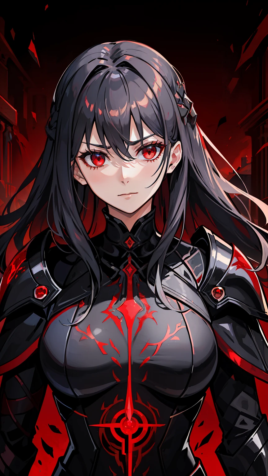 (high-quality, breathtaking),(expressive eyes, perfect face) 1female, girl , solo, young adult, long hair length, wavy curly hair, soft wave, black hair color, red highlights in hair, deep red eye color, background, music, neutral expression, a soft smirk, mature, dominant, haunting red background, armor, onyx black armor with red trim, midnight dark armor with red cracks engraved in the exterior, saber alter, alter saber fate stay night, corrupted theme, corrupted armor, red lines on armor, conquerer vibe, red markings on armor, slightly narrow eyes, evil queen, narrow beautiful eyes, queen chess piece, beautiful hair, detailed eyes
