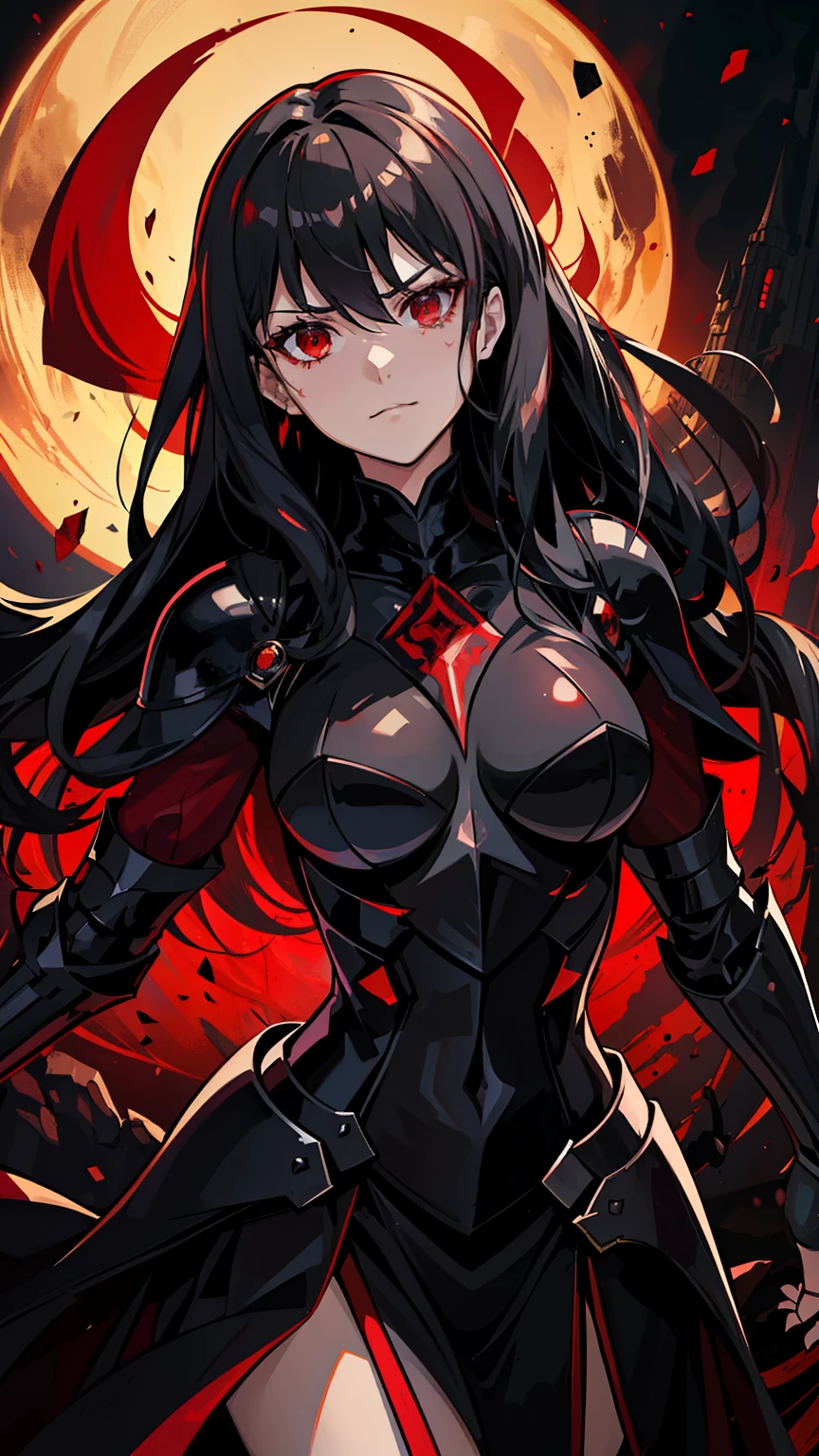 (high-quality, breathtaking),(expressive eyes, perfect face) 1female, girl , solo, young adult, long hair length, wavy curly hair, soft wave, black hair color, red highlights in hair, deep red eye color, background, music, serious expression, smirk, mature, dominant, haunting red background, armor, onyx black armor with red trim, midnight dark armor with red cracks engraved in the exterior, saber alter, alter saber fate stay night, corrupted theme, corrupted armor, red lines on armor, conquerer vibe, red markings on armor, slightly narrow eyes, evil queen, narrow beautiful eyes, queen chess piece, beautiful hair, detailed eyes, alluring beauty
