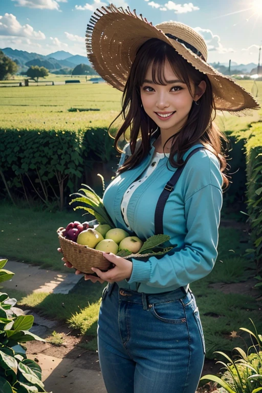 (best quality,8k,highres,masterpiece:1.2),stunningly beautiful woman in her 20s,working on a farm,with long sleeves,long pants,(straw hat),vivid colors,ultra-detailed,farm scenery,agricultural tools,plentiful harvest,peaceful atmosphere,warm sunlight,sharp focus,realistic lighting,photorealistic,landscape,portrait,lovely,organic crops,farmland,greenery,fresh air,happy expression,farmer's market,abundant fruits and vegetables,lush fields,endless rows of crops,bountiful harvest,working in harmony with nature,sense of fulfillment and joy.