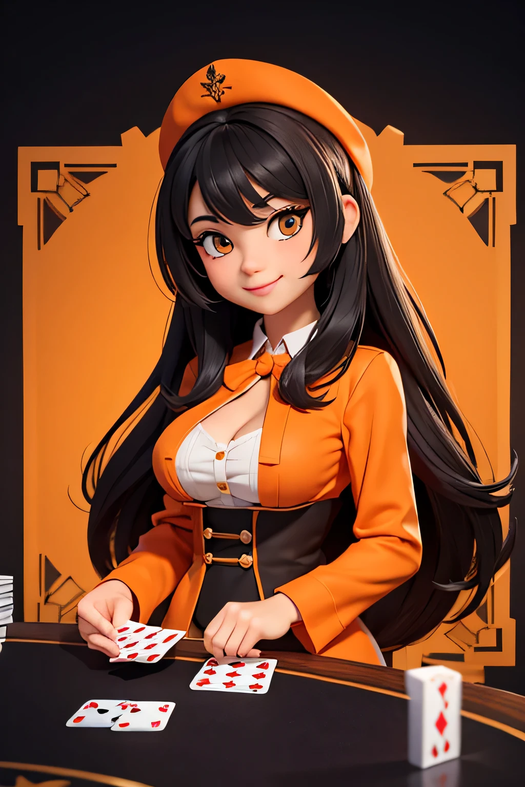 a girl,8k highly detailed, casual games, , 3D art style, Half body photo,White background,big eyes,black hair,Lovely,orange clothes,dealer,solid color background,long hair,Smile,full,proudly,E杯,Business line,boobgasm,playing cards in hand