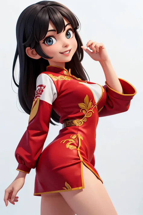 one,8k highly detailed, casual games, , 3D art style, Half body photo,White background,big eyes,black hair,cute,red cheongsam,,l...