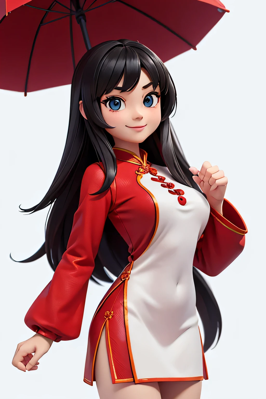 one,8k highly detailed, casual games, , 3D art style, Half body photo,White background,big eyes,black hair,Lovely,red cheongsam,,long hair,Smile,full,proudly,E杯,Business line,,Model posing