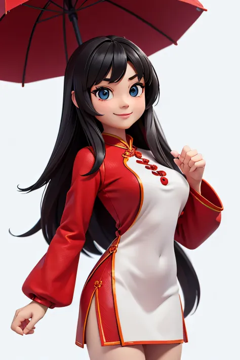 one,8k highly detailed, casual games, , 3D art style, Half body photo,White background,big eyes,black hair,Lovely,red cheongsam,...