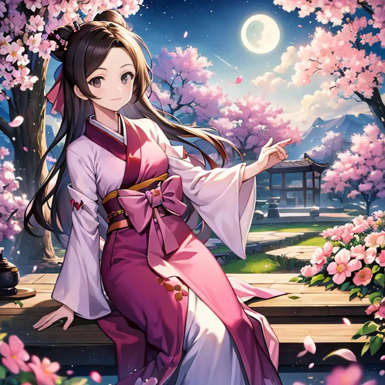 highest quality, expensive_solve, clear_image, detailed background ,girl, hanbok,flower,garden,moon, night, fantasy