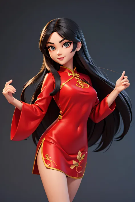 a woman,8k highly detailed, casual games, , 3d art style, half body photo,white background,big eyes,black hair,lovely,red cheong...