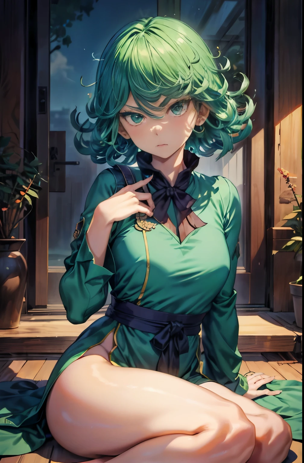 (Masterpiece, Best Quality:1.2), solo, 1girl, tatsumaki, unamused, closed mouth, looking a viewer, sitting, She wore Dunhuang flying clothes, thights, широкие thights,