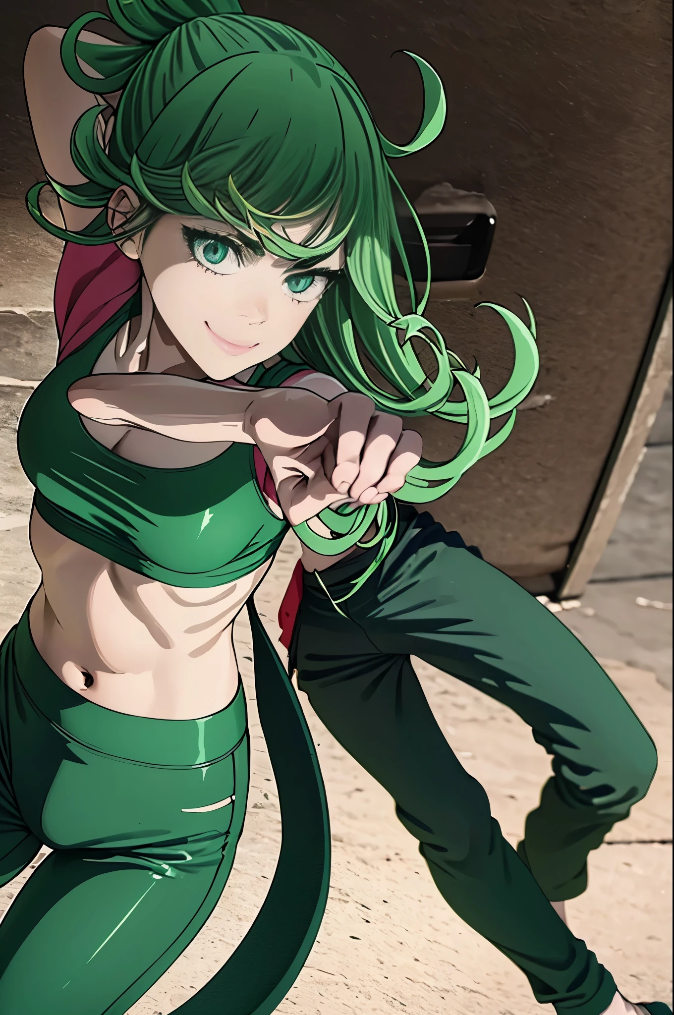 Anime girl with green hair and green pants holding a gun - SeaArt AI