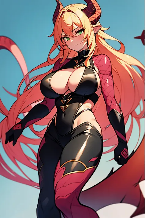 Dragon woman, very tall stature, fit body and huge breasts, long legs, pink skin, scales on her arms, horns, reptile tail, combat boots, fighting gloves, tight shorts, tank top, yellow hair, green eyes 8k hd masterpiece full body white background
