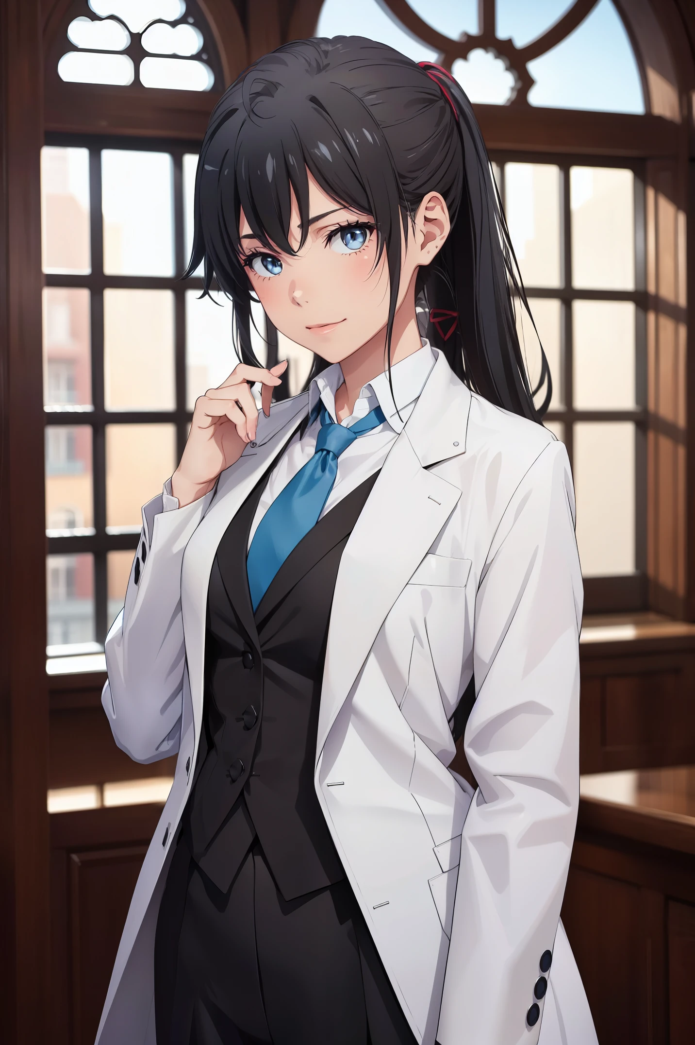 ((best quality)), ((masterpiece)), (detailed) 1girl 1girl, ;\), blurry, blurry_background, breasts, , hair_ponytail ribbon, looking_at_viewer, ok_sign, one_eye_closed, open_hand, Yukinoshita Yukino ,Woman wearing formal clothes, An attractive coat stands in a large gap in the room , 1girl, 独奏, blue necktie, Black hair, eyes blue, long hair, smile , collared shirt, white pants, white shirt , Elegantly designed coat , Stand in front of a window ,Perfectly tailored tailcoat. It has a stunning Victorian design and is made of lustrous fabric