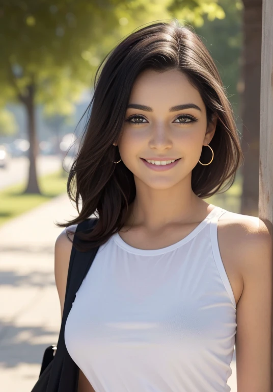 (Masterpiece, The best quality, fotorrealist, High Resolutions, Cinematographer, :1.3), Photo of the lower part of the body, sharp focus, 1 brunette girl , mexican girl, 14 years , beautiful model, Brown eyes and highly detailed pupils, Piel realist, freckles on cheeks and nose , Slim body shape, extremely detailed hair, They are smiling, sexy , ((realist, super-realistic, realism, Detalles realists)) , cute makeup  ,Red lips , beautiful smile , short black hair , whole body , walking towards the camera, smiling for the viewer , wears a white t-shirt with a star image  , black skirt , white tennis shoes , sexy look