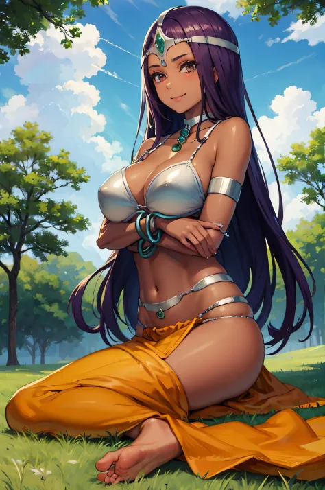 masterpiece, best quality, Decmania, circus, collar, bracelet, armband, bikini, Ren Baolin, Smile, looking at the audience, Place, Sky, cloud, grassland, Everlasting, Tanned, sitting, barefoot, Big breasts