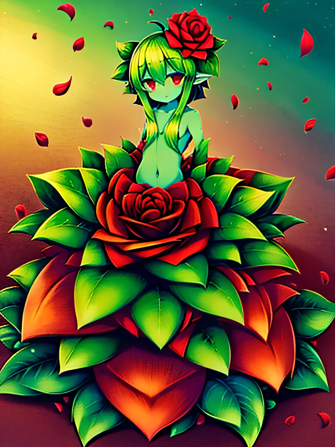 A drawing of a woman with green hair and a rose - SeaArt AI