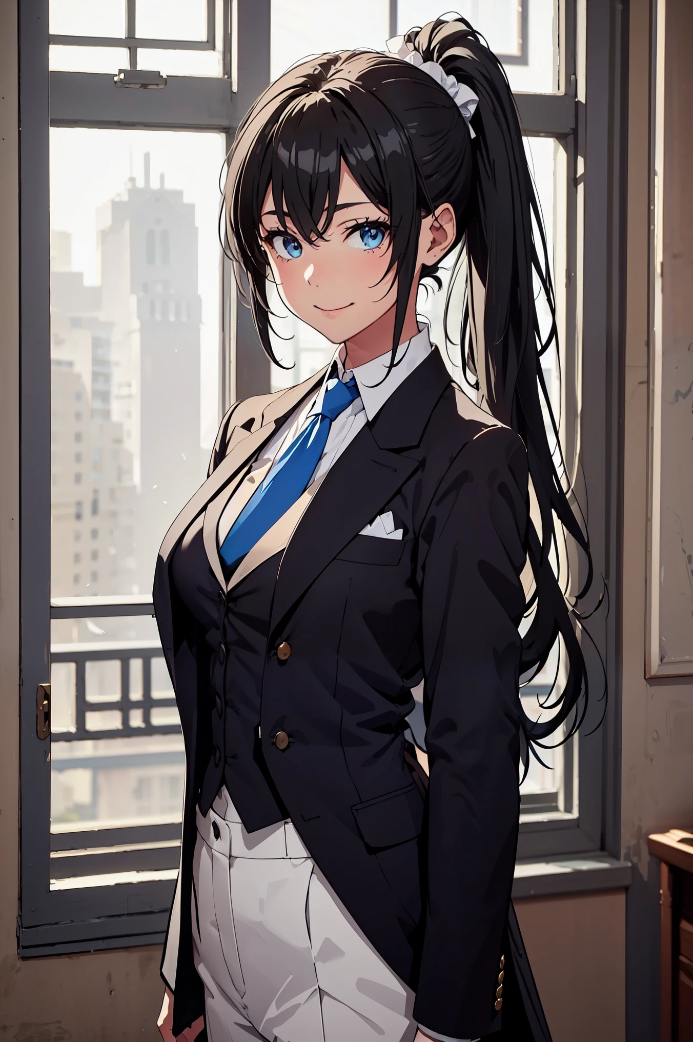 ((best quality)), ((masterpiece)), (detailed) 1girl 1girl, ;\), blurry, blurry_background, breasts, , hair_ponytail ribbon, looking_at_viewer, ok_sign, one_eye_closed, open_hand, Yukinoshita Yukino ,Woman wearing formal clothes, An attractive coat stands in a large gap in the room , 1girl, 独奏, blue necktie, Black hair, eyes blue, long hair, smile , collared shirt, white pants, white shirt , Elegantly designed coat , Stand in front of a window ,Perfectly tailored tailcoat. It has a stunning Victorian design and is made of lustrous fabric