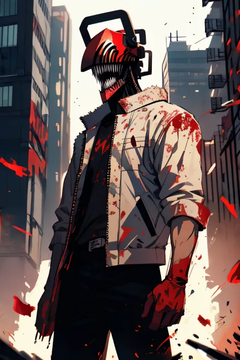 ratatatat74, ((Illustration)), (best quality)), ((masterpiece)), (detailed), anime, chainsaw man, chainsaw, sharp teeth, front face, white Jacket, bloody on clothes, male focus, front view, city destroyed,