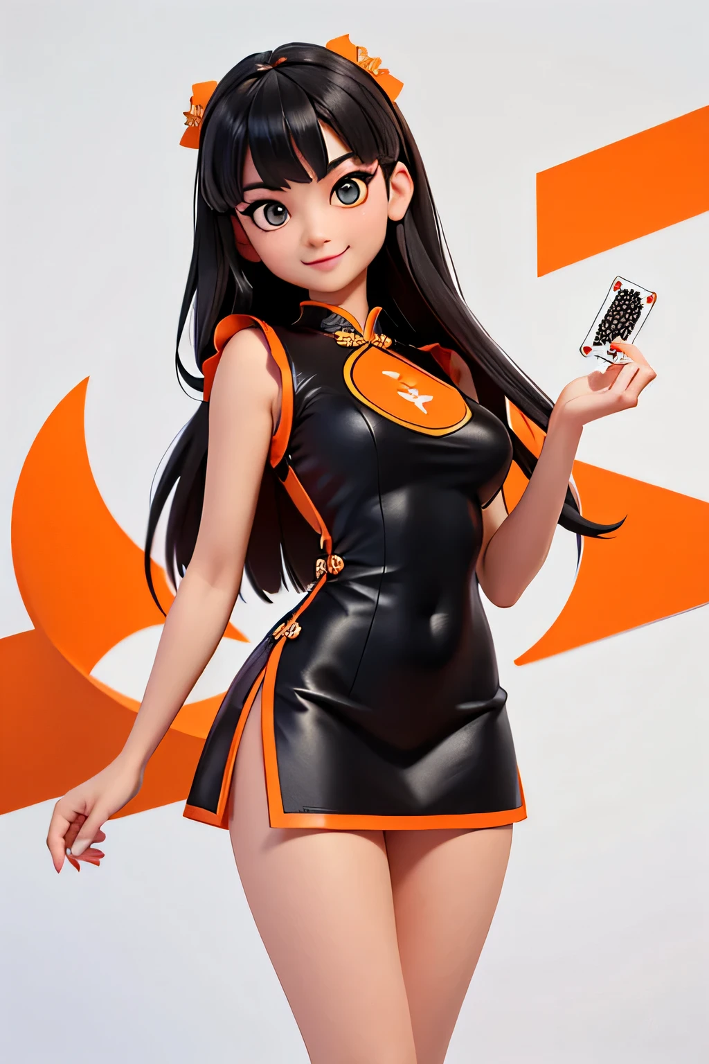 a girl,8k highly detailed, casual games, , 3D art style, Half body photo,Croupier,White background,big eyes,black hair,cute,Orange cheongsam,Orange decoration,Playing cards in hand,solid color background,long hair,Smile，slim,White skin,Mature,