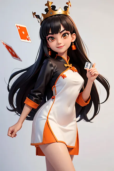 piece,8k highly detailed, casual games, , 3d art style, half body photo,croupier,white background,big eyes,black hair,cute,orang...