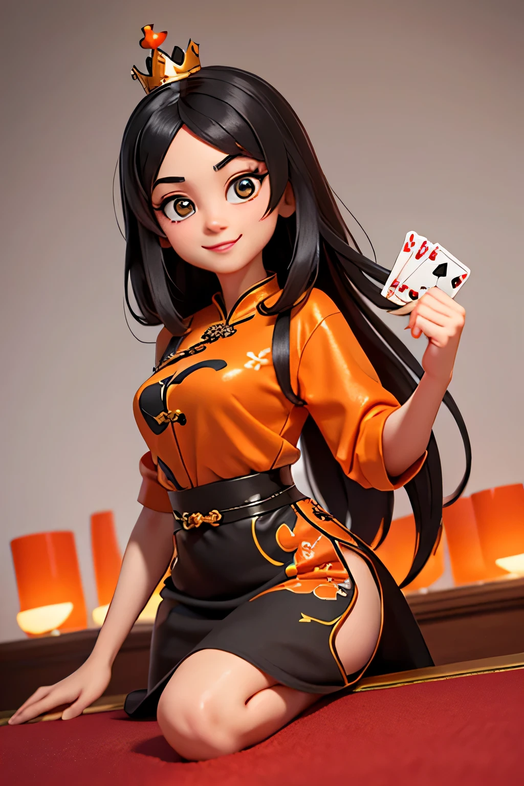 piece,8k highly detailed, casual games, , 3D art style, Half body photo,Croupier,White background,big eyes,black hair,cute,Orange cheongsam,Orange decoration,Playing cards in hand,mature woman,Solid background,long hair,Smile,The head wears a crown
