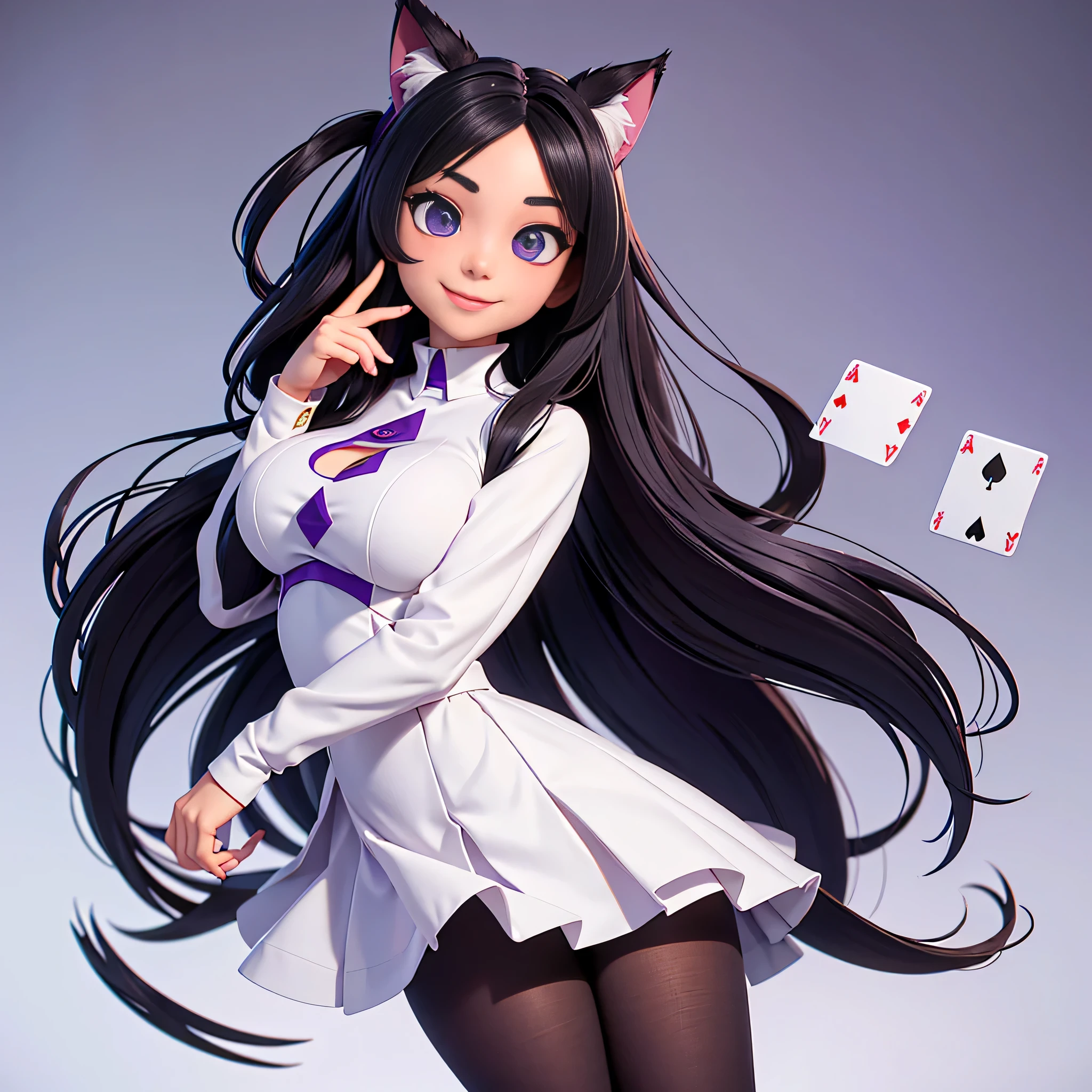 A girl with cat ears,8k highly detailed, casual games, , 3D art style, Full body image,White background,big eyes,black hair,cute,Playing cards in hand,solid color background,long hair,smile slim,White skin,,purple eyes,plump big breasts,black tights