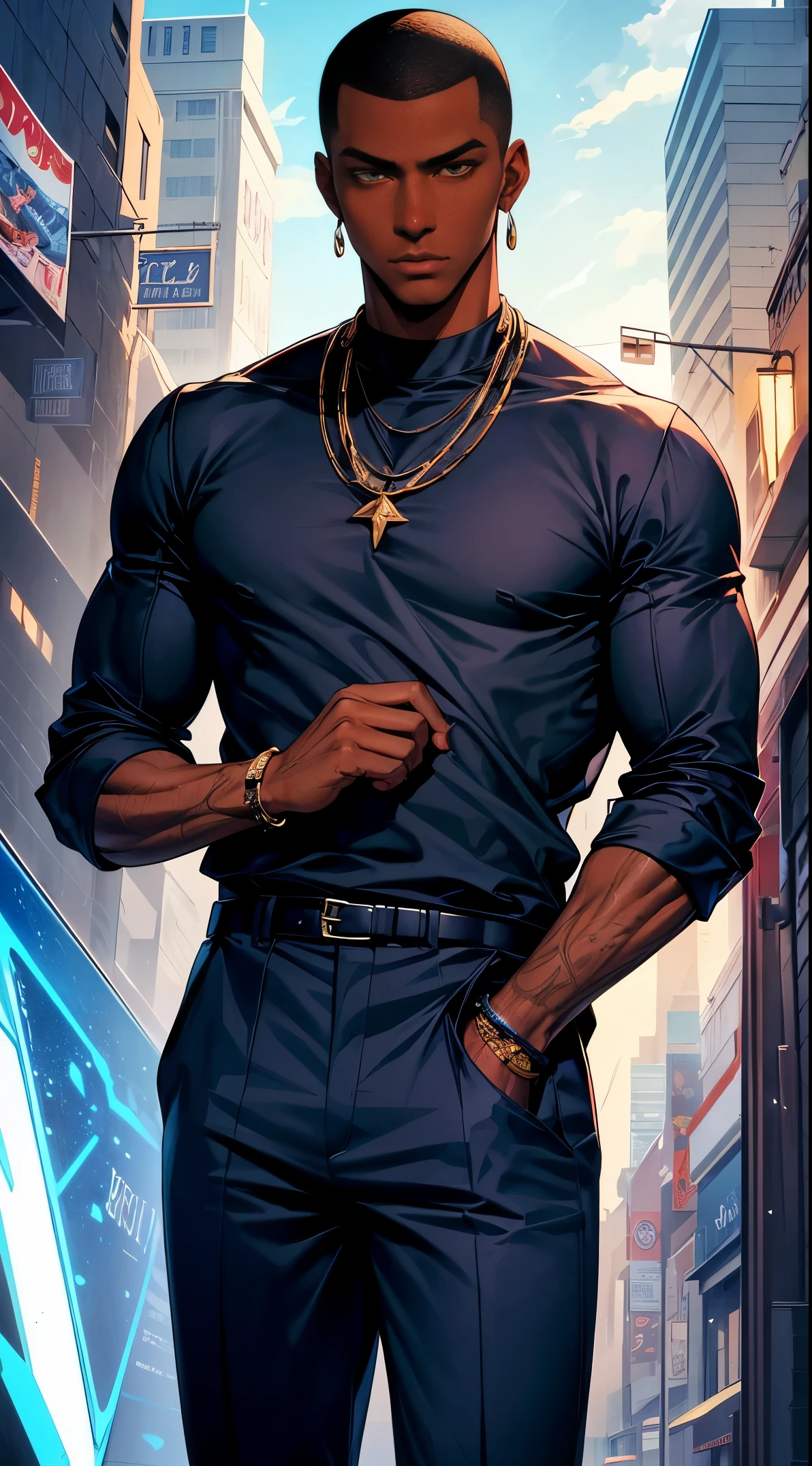 (best quality:1.1),original, 1man,  A handsome man with dark skin, African American man with natural hair, short hair, buzz cut, broad shoulders, tall, dressed in blue urban clothes, cartoon，anime illustrations, style is abstract beauty, Sundaratang, charming character illustrations, folklore  --ar 2:3 --v 6.0 