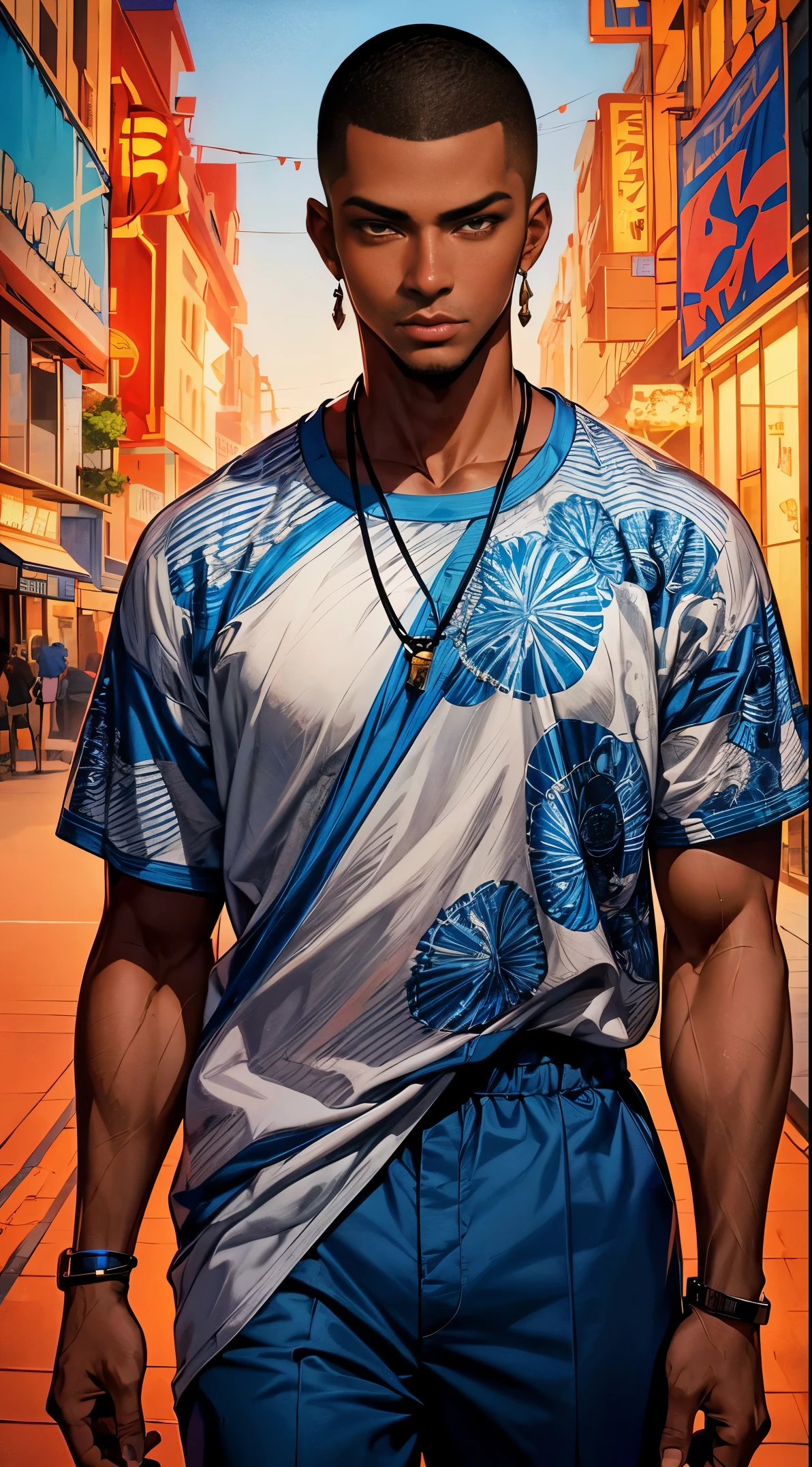 (best quality:1.1),original, 1man,  A handsome man with dark skin, African American man with natural hair, short hair, buzz cut, dressed in blue urban clothes, cartoon，anime illustrations, style is abstract beauty, Sundaratang, charming character illustrations, folklore  --ar 2:3 --v 6.0 