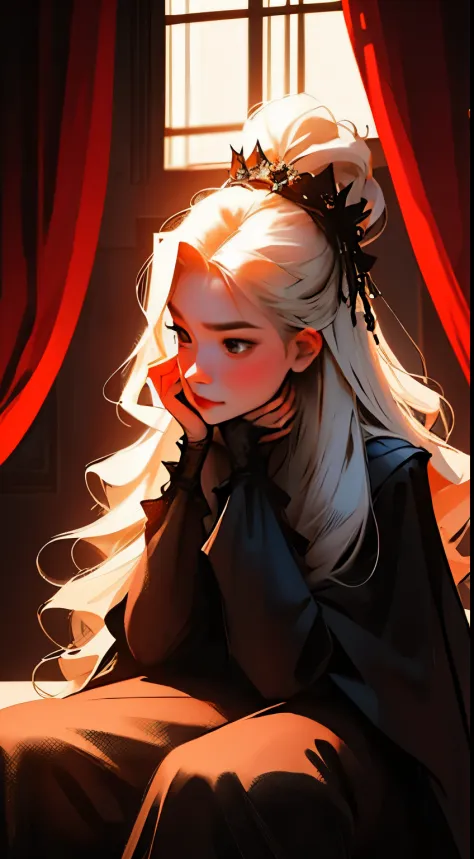 dirty blond haired girl wearing a black gown with ruffles with lifeless round eyes sitting on a throne, hair falling over her sh...