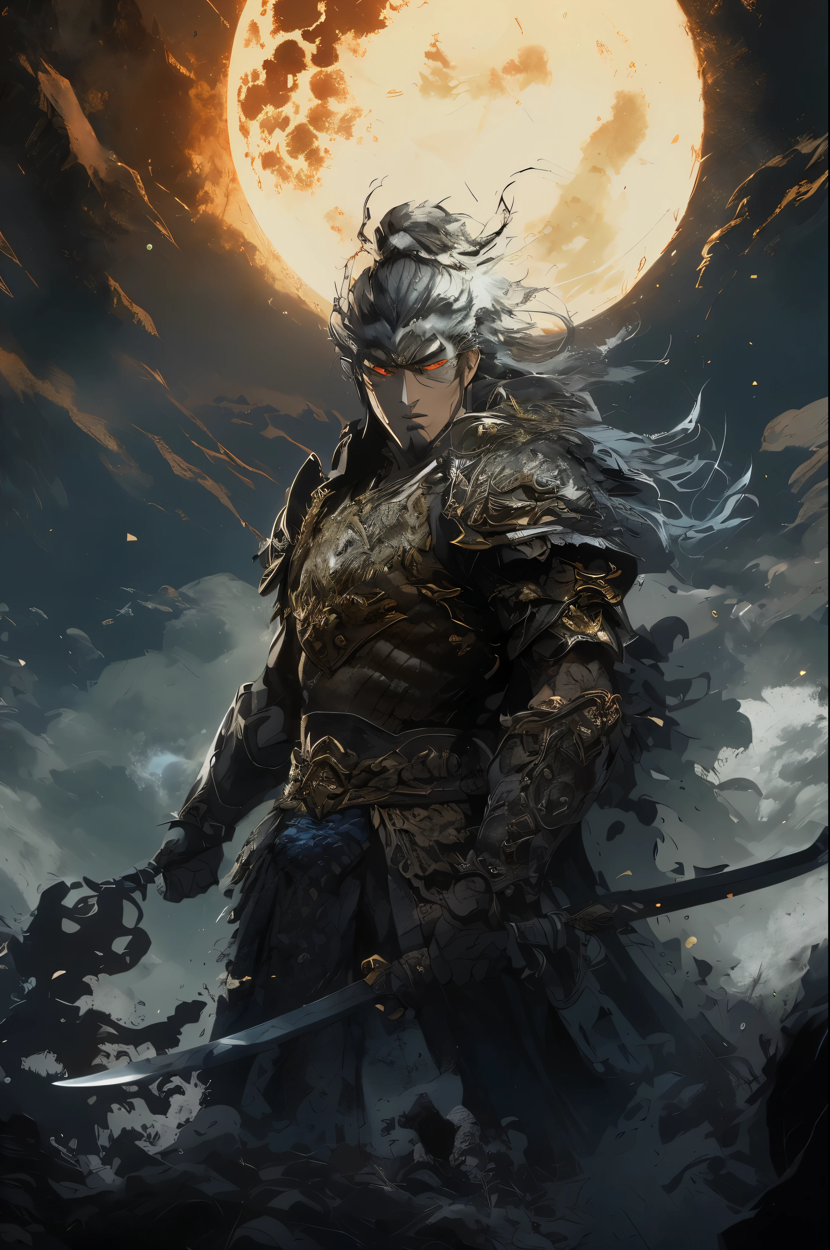 arafed image of a man with a sword and a full moon, by Yang J, g liulian art style, picture of an adult male warrior, chengwei pan on artstation, zhao yun, epic exquisite character art, handsome guy in demon slayer art, inspired by Li Kan, inspired by Guan Daosheng, stunning character art, loong