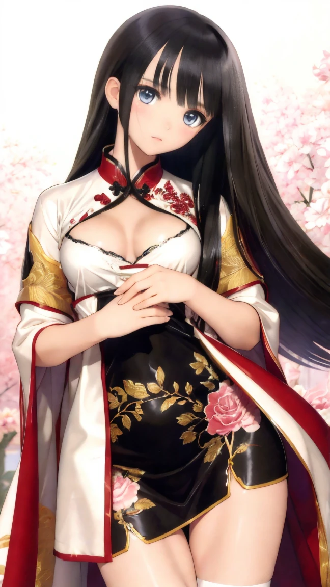 4K,highest quality, excellent detail,masterpiece,anime, super high resolution,Closer look at the eyes, best illustrations, Highly condensed 1girl, （Very delicate and cute face）,chest is small,black hair，（（medium long hair））,（（Gorgeous Chinese dress with beautiful embroidery））,（white lace stockings）,,,My age is 17 years old,(palace)，parlor
