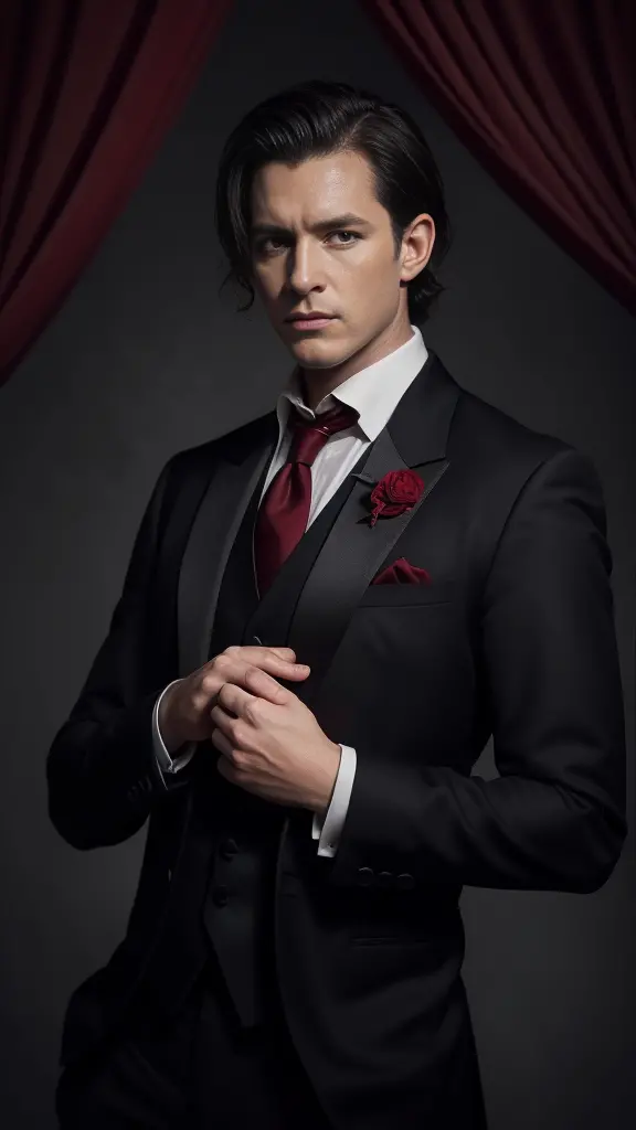 a man posing in a tuxedo wearing a burgundy tie, in the style of rococo-inspired details, dark gray and red, dark symbolism, dar...