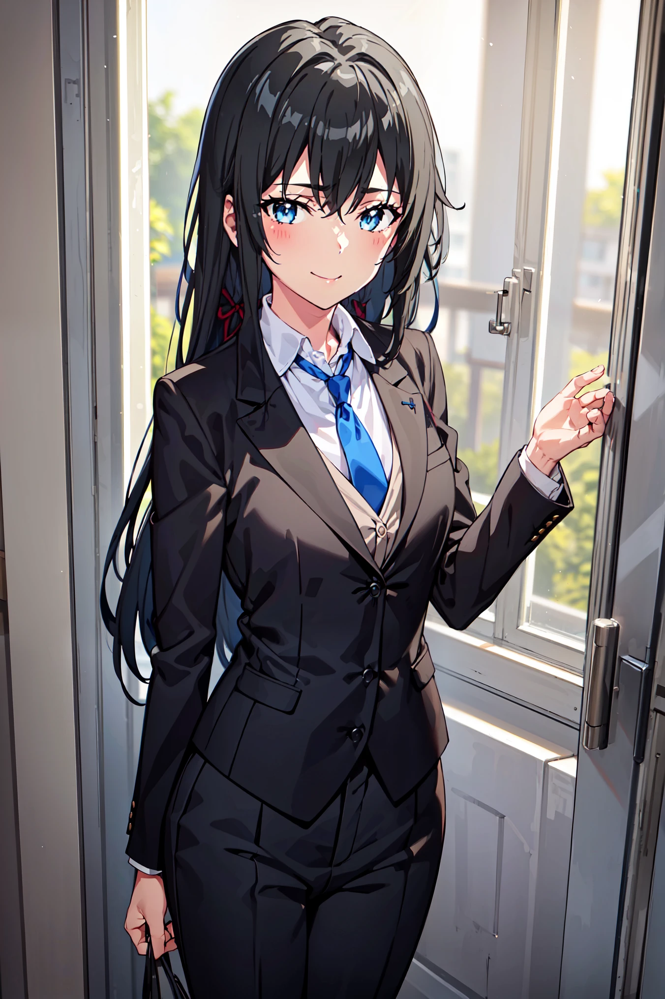 ((best quality)), ((masterpiece)), (detailed) 1girl 1girl, ;\), blurry, blurry_background, breasts, , hair_long , looking_at_viewer, ok_sign, one_eye_closed, open_hand, Yukinoshita Yukino ,Woman wearing formal clothes, An attractive coat stands in a large gap in the room , 1girl, 独奏, blue necktie, Black hair, eyes blue, long hair, smile , collared shirt, white pants, white shirt , Elegantly designed coat , Stand in front of a window ,Perfectly tailored tailcoat. It has a stunning Victorian design and is made of lustrous fabric , soft thighs , full body