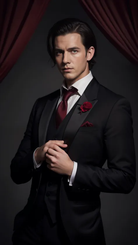 a man posing in a tuxedo wearing a burgundy tie, in the style of rococo-inspired details, dark gray and red, dark symbolism, dar...