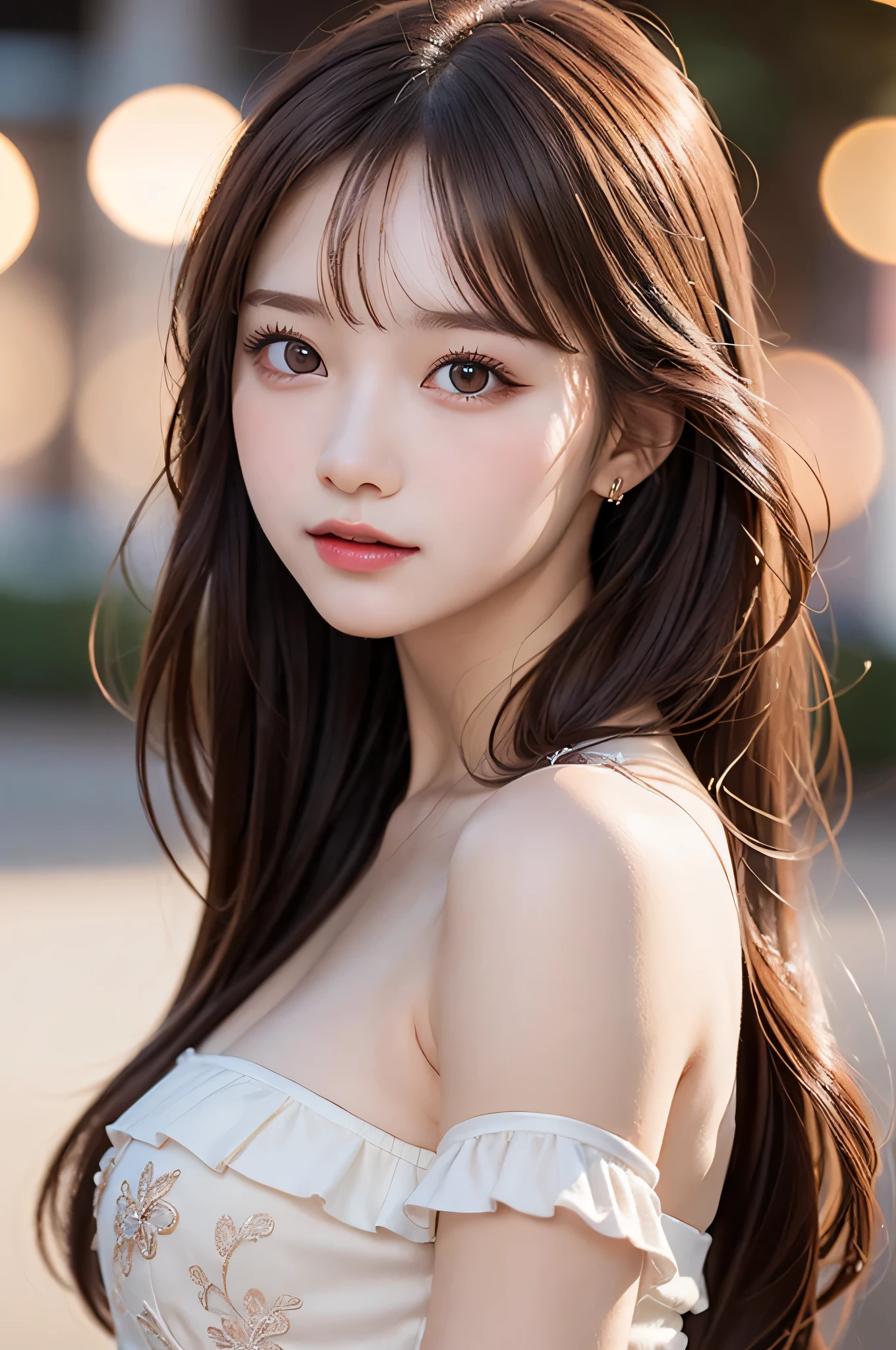 (best quality), (ultra-detailed), (llustration), (detailed light), (an extremely delicate and beautiful), 1young girl, brown hair, brown eyes, model, bare shoulders, best quality, extremely detailed CG unified 8k wallpaper, High-definition raw color photos, professional photograpy, (((Bokeh))), depth of fields, twilight, sunset,