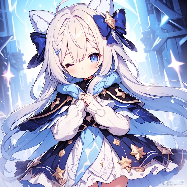 1 girl, alone, one eye closed, Ahoge, Braid, blue eyes, star (symbol), blue nails, boots, whole body, bow, animal ears, jewelry, long hair, view viewer, nail polish, fur trim, open your mouth, colorful hair, A blue headdress, dress, ;Edo, puffy sleeves, cape, Say goodbye to hair accessories, Hairstyle, have, bangs, long sleeve, Blue bow, hair ornaments, blue hair, starry sky print, Blue dress, blonde hair, ブルーcape, Lock, とてもlong hair, skirt, x hair ornament, wing, striped, blush, earrings, blue footwear, head wing, :Edo, star座 print, ふくらみのあるlong sleeve, 青いskirt, striped bow, socks, star座,