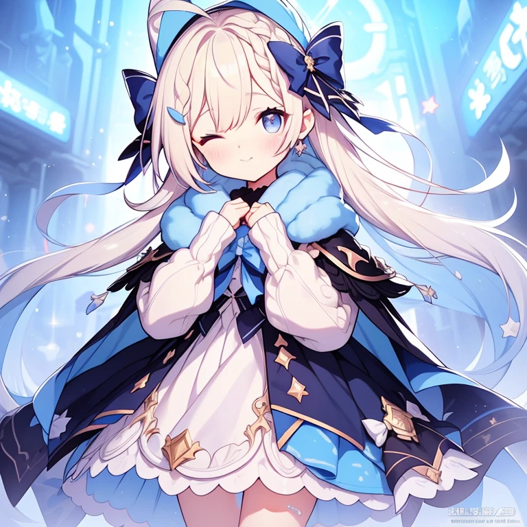 1 girl, alone, one eye closed, Ahoge, Braid, blue eyes, star (symbol), blue nails, boots, whole body, bow, animal ears, jewelry, long hair, view viewer, nail polish, fur trim, open your mouth, colorful hair, A blue headdress, dress, ;Edo, puffy sleeves, cape, Say goodbye to hair accessories, Hairstyle, have, bangs, long sleeve, Blue bow, hair ornaments, blue hair, starry sky print, Blue dress, blonde hair, ブルーcape, Lock, とてもlong hair, skirt, x hair ornament, wing, striped, blush, earrings, blue footwear, head wing, :Edo, star座 print, ふくらみのあるlong sleeve, 青いskirt, striped bow, socks, star座,