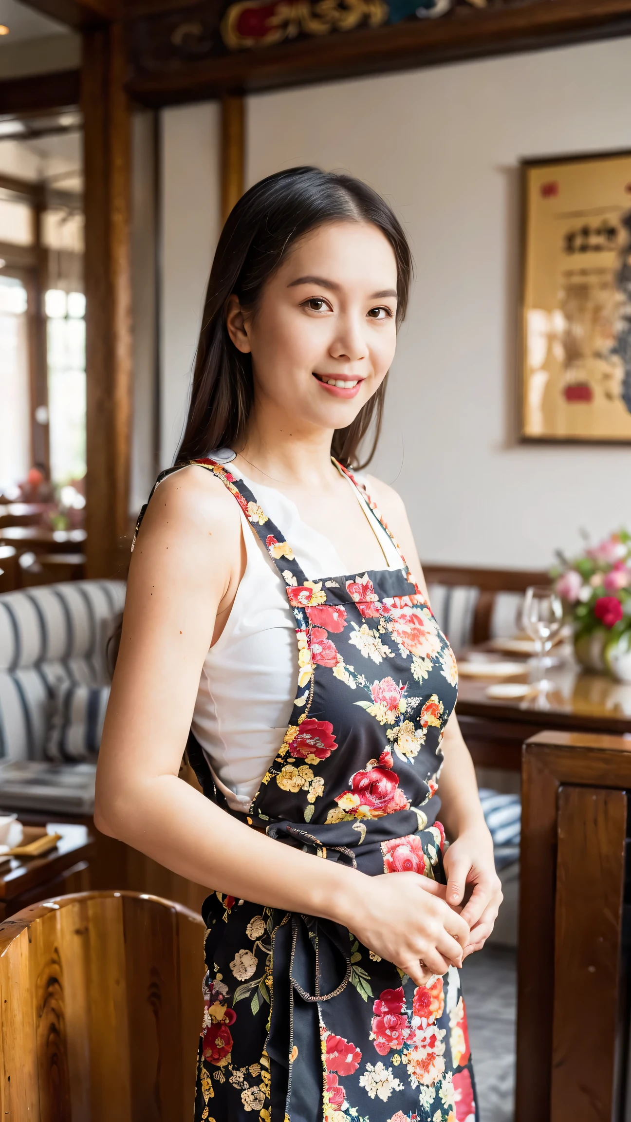 （Super fine，fidelity：1.37），portrait，Chinese restaurant owner，black hair，brown eyes，delicate lips，Put on an apron，confident smile，Neat appearance，Chinese traditional spring clothing，floral pattern，Standing in a brightly lit restaurant，antique wooden furniture，Elaborately carved decoration，Chinese traditional elements，Beautifully painted porcelain plates and teapots，Authentic Chinese cuisine，Vibrant color palette，Defocused lights in the background create a warm and inviting atmosphere