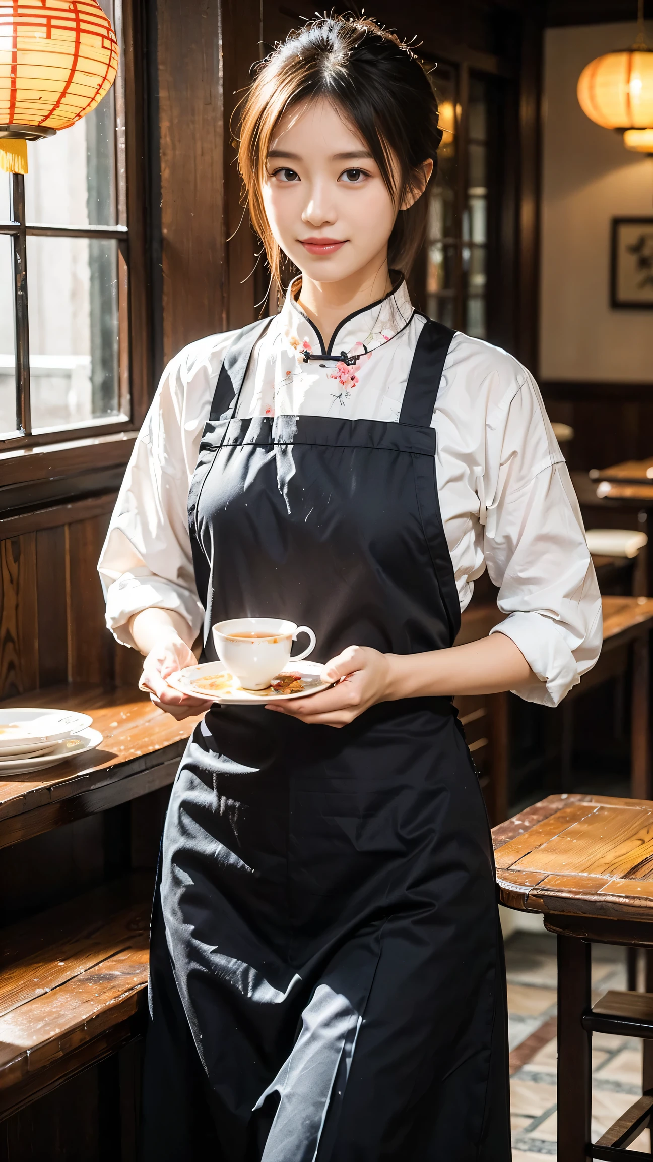 （Super fine，fidelity：1.37），portrait，Chinese restaurant owner，black hair，brown eyes，delicate lips，Put on an apron，confident smile，Neat appearance，Chinese traditional spring clothing，floral pattern，Standing in a brightly lit restaurant，antique wooden furniture，Elaborately carved decoration，Chinese traditional elements，Beautifully painted porcelain plates and teapots，Authentic Chinese cuisine，Vibrant color palette，Defocused lights in the background create a warm and inviting atmosphere