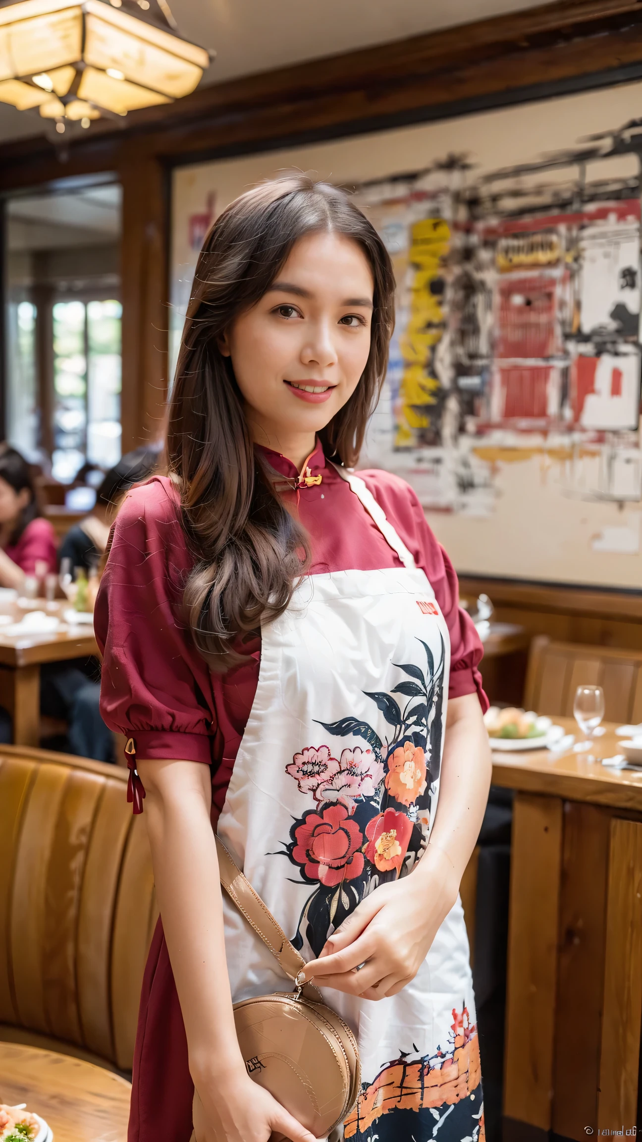 （Super fine，fidelity：1.37），portrait，Chinese restaurant owner，black hair，brown eyes，delicate lips，Put on an apron，confident smile，Neat appearance，Chinese traditional spring clothing，floral pattern，Standing in a brightly lit restaurant，antique wooden furniture，Elaborately carved decoration，Chinese traditional elements，Beautifully painted porcelain plates and teapots，Authentic Chinese cuisine，Vibrant color palette，Defocused lights in the background create a warm and inviting atmosphere