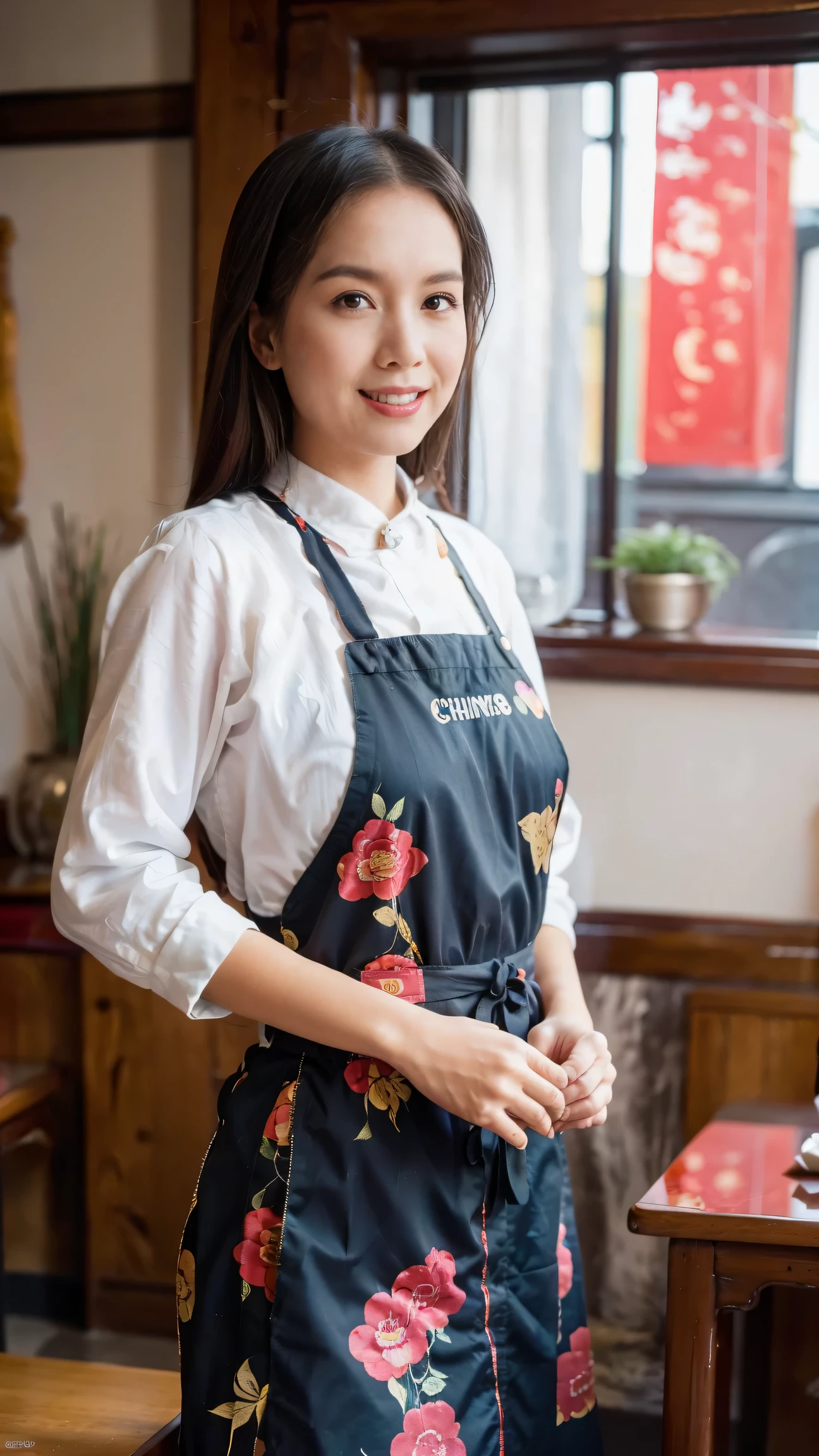（Super fine，fidelity：1.37），portrait，Chinese restaurant owner，black hair，brown eyes，delicate lips，Put on an apron，confident smile，Neat appearance，Chinese traditional spring clothing，floral pattern，Standing in a brightly lit restaurant，antique wooden furniture，Elaborately carved decoration，Chinese traditional elements，Beautifully painted porcelain plates and teapots，Authentic Chinese cuisine，Vibrant color palette，Defocused lights in the background create a warm and inviting atmosphere