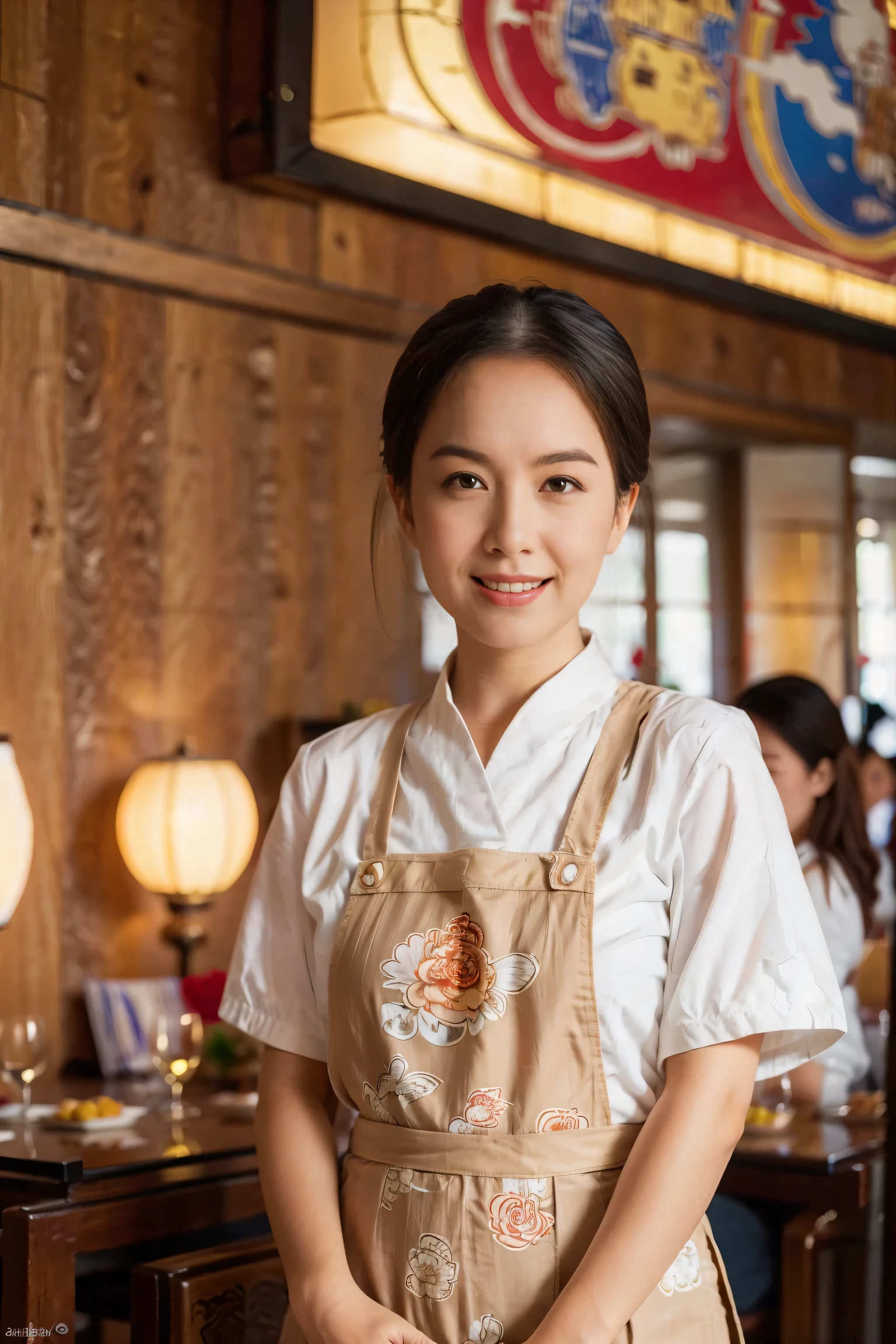 （super bem，fidelidade：1.37），Retrato，Proprietário de restaurante chinês，Cabelo preto，Olhos castanhos，lábios delicados，Coloque um avental，Sorriso confiante，boa aparência，Roupas tradicionais chinesas de primavera，estampa floral，Parado em um restaurante bem iluminado，Móveis antigos de madeira，Decoração elaboradamente esculpida，Elementos tradicionais chineses，Pratos e bules de porcelana lindamente pintados，autêntica cozinha chinesa，paleta de cores vibrantes，Luzes desfocadas no fundo criam uma atmosfera calorosa e convidativa