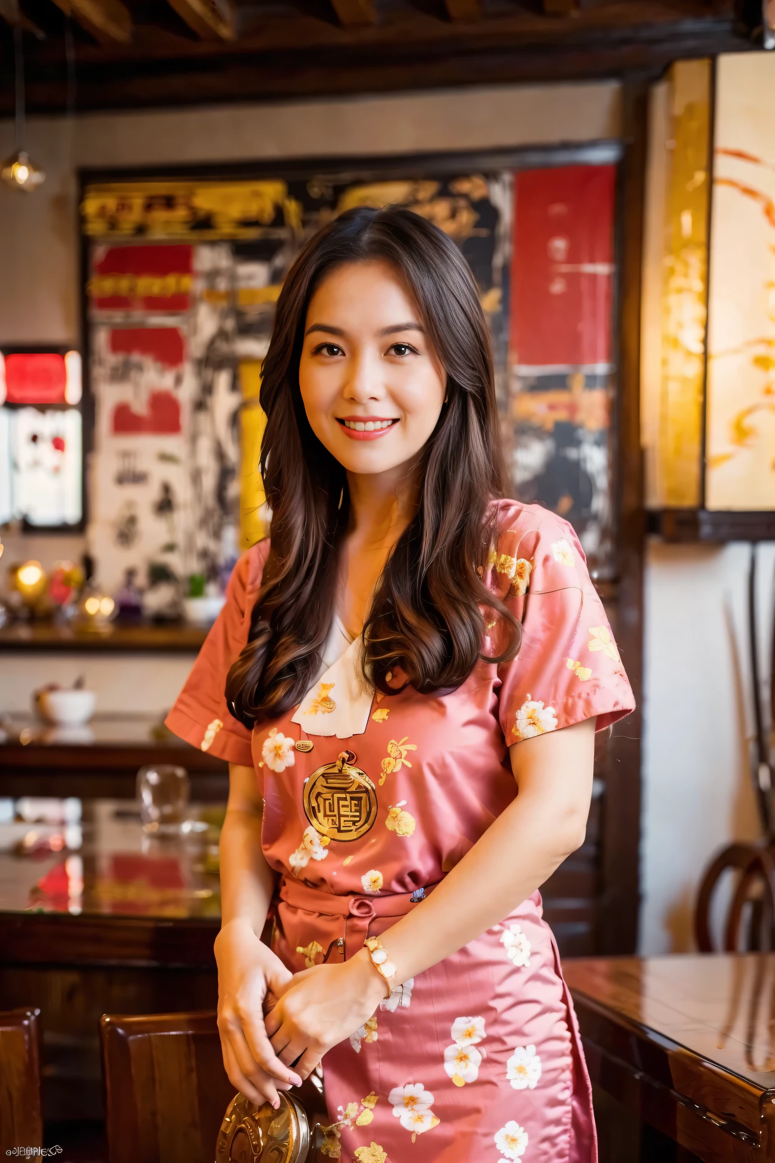 （Super fine，fidelity：1.37），portrait，Chinese restaurant owner，black hair，brown eyes，delicate lips，Put on an apron，confident smile，Neat appearance，Chinese traditional spring clothing，floral pattern，Standing in a brightly lit restaurant，antique wooden furniture，Elaborately carved decoration，Chinese traditional elements，Beautifully painted porcelain plates and teapots，Authentic Chinese cuisine，Vibrant color palette，Defocused lights in the background create a warm and inviting atmosphere