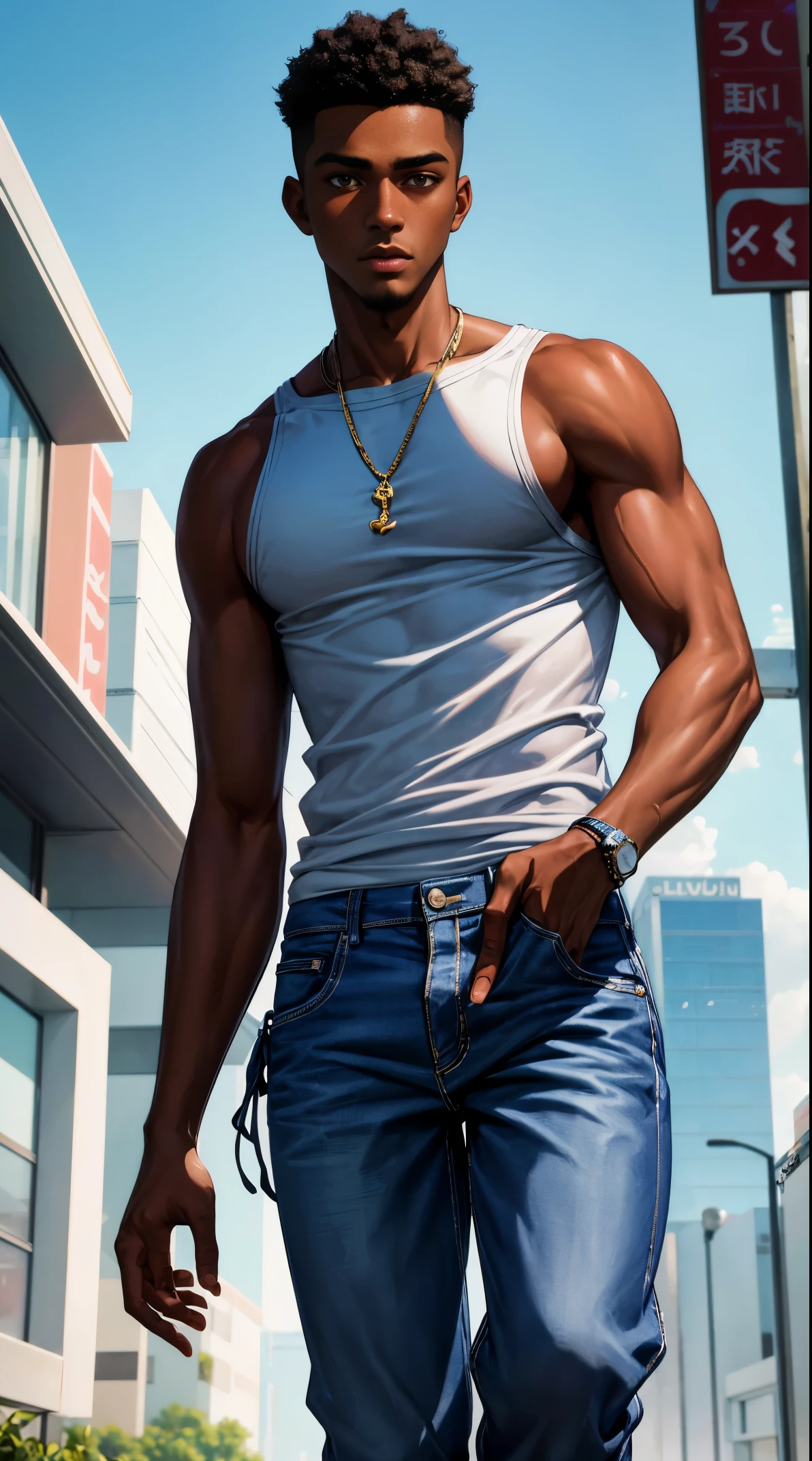 (best quality:1.1),original, 1man,  A handsome man with dark skin, African American man with natural hair, short hair, buzzcut, ebony nose, broad shoulders, tall, masculine, baggy urban clothes and demin jeans, cartoon，anime illustrations, style is abstract beauty, Sundaratang, charming character illustrations, folklore  --ar 2:3 --v 6.0 