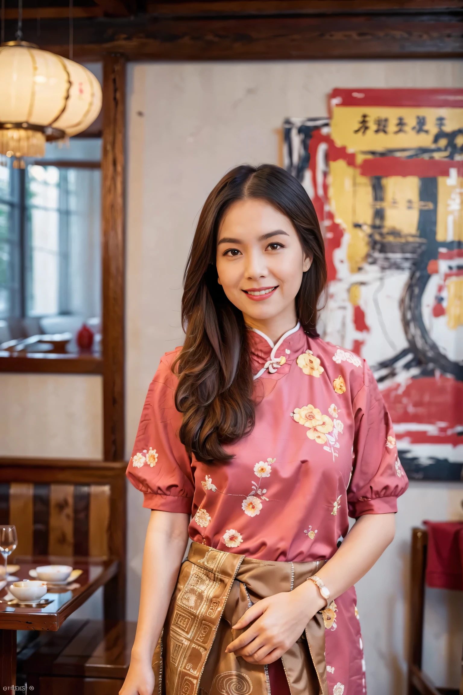 （Super fine，fidelity：1.37），portrait，Chinese restaurant owner，black hair，brown eyes，delicate lips，Put on an apron，confident smile，Neat appearance，Chinese traditional spring clothing，floral pattern，Standing in a brightly lit restaurant，antique wooden furniture，Elaborately carved decoration，Chinese traditional elements，Beautifully painted porcelain plates and teapots，Authentic Chinese cuisine，Vibrant color palette，Defocused lights in the background create a warm and inviting atmosphere