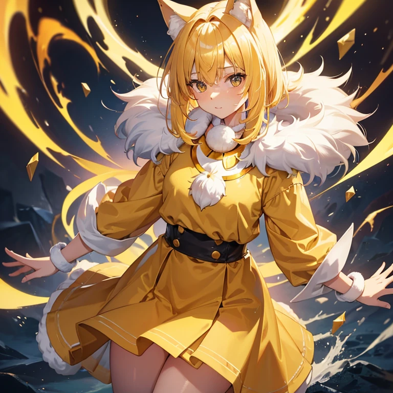 yellow hair,furry ears,girl,((Fluffy around the neck:1.5)),Yellow hairs,change,young,sexy,small breasts,slender,Plump,plump,cool,(Yellow clothes),thunder,Seductive thighs,current is flowing,(yellow skirt),(small breasts:1.0)