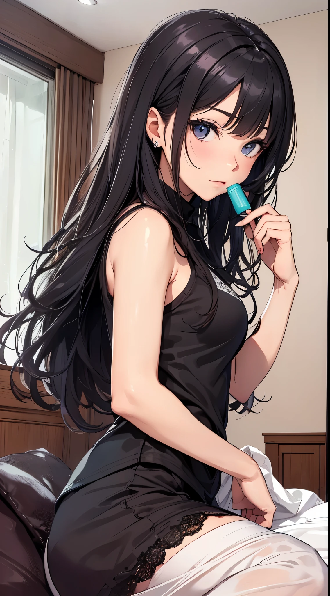 Anime girl with long black hair sitting on bed brushing her teeth - SeaArt  AI