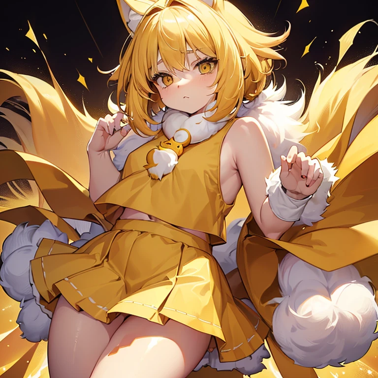 yellow hair,furry ears,girl,((Fluffy around the neck:1.5)),Yellow hairs,change,young,sexy,small breasts,slender,Plump,plump,cool,(Yellow clothes),thunder,(Seductive thighs:1.2),current is flowing,(yellow skirt),(small breasts:1.0)